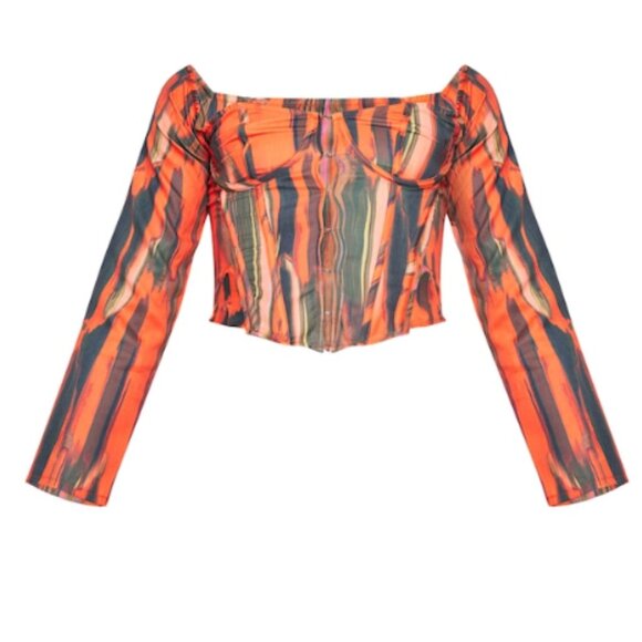 Pretty‎ Little Thing Orange Abstract Print Bardot Corset, Size 14 (L/XL) - Picture 1 of 6